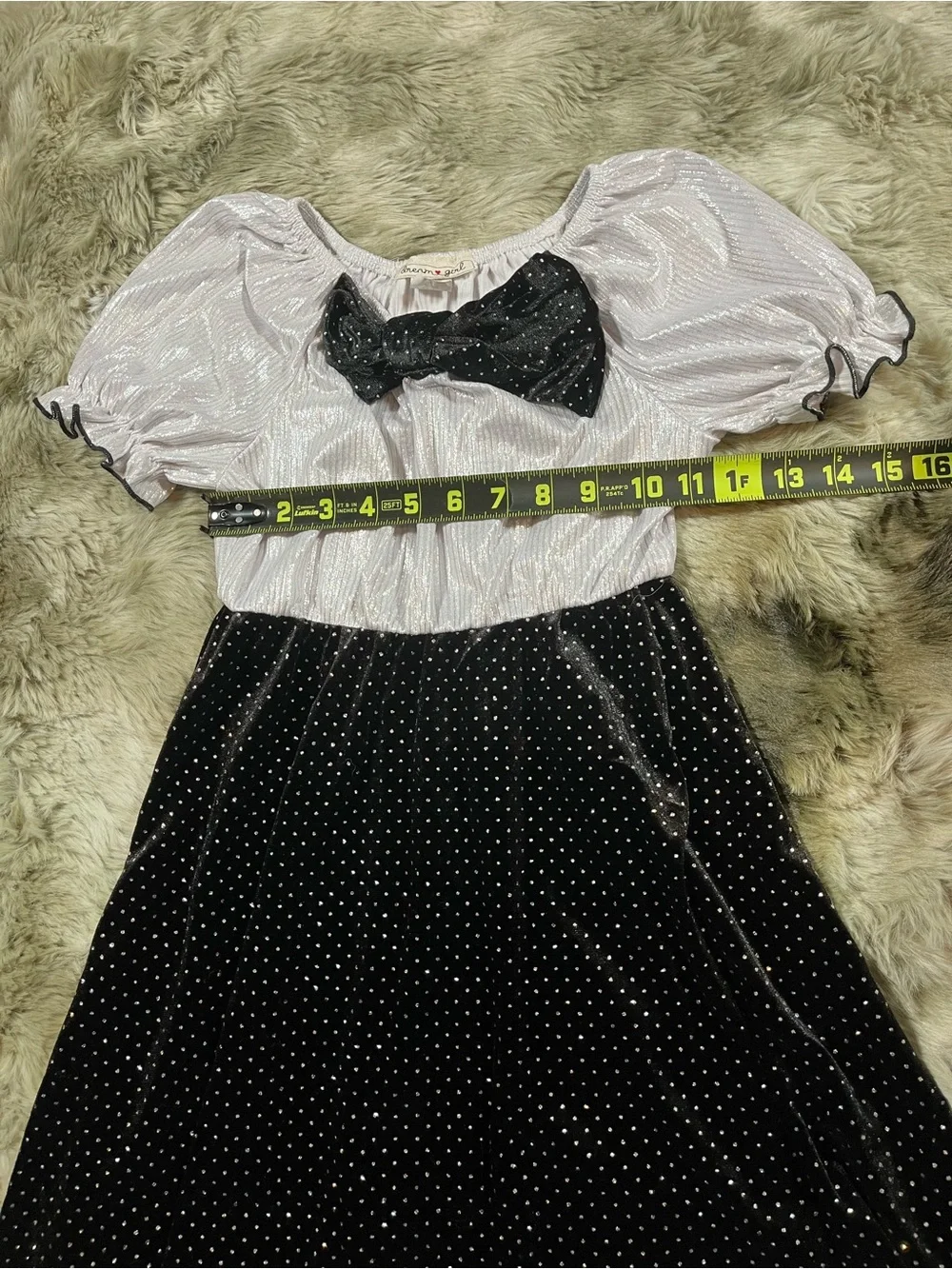 Dreamgirl Black and White Polka Dot Kids Dress with Bow & Puff Sleeves. Size 10